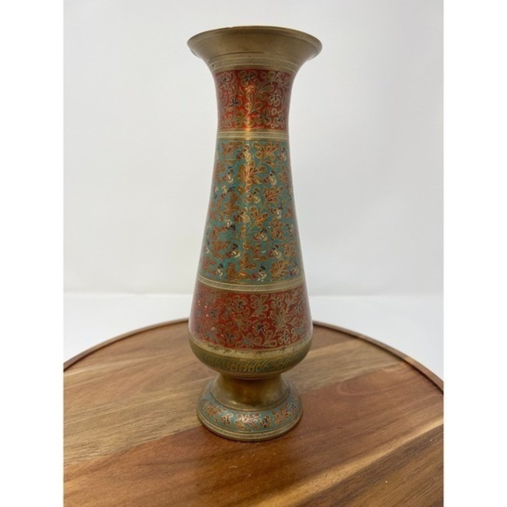 Vintage Brass Enamel Vase Red Teal Floral Embossed Decorative Accent